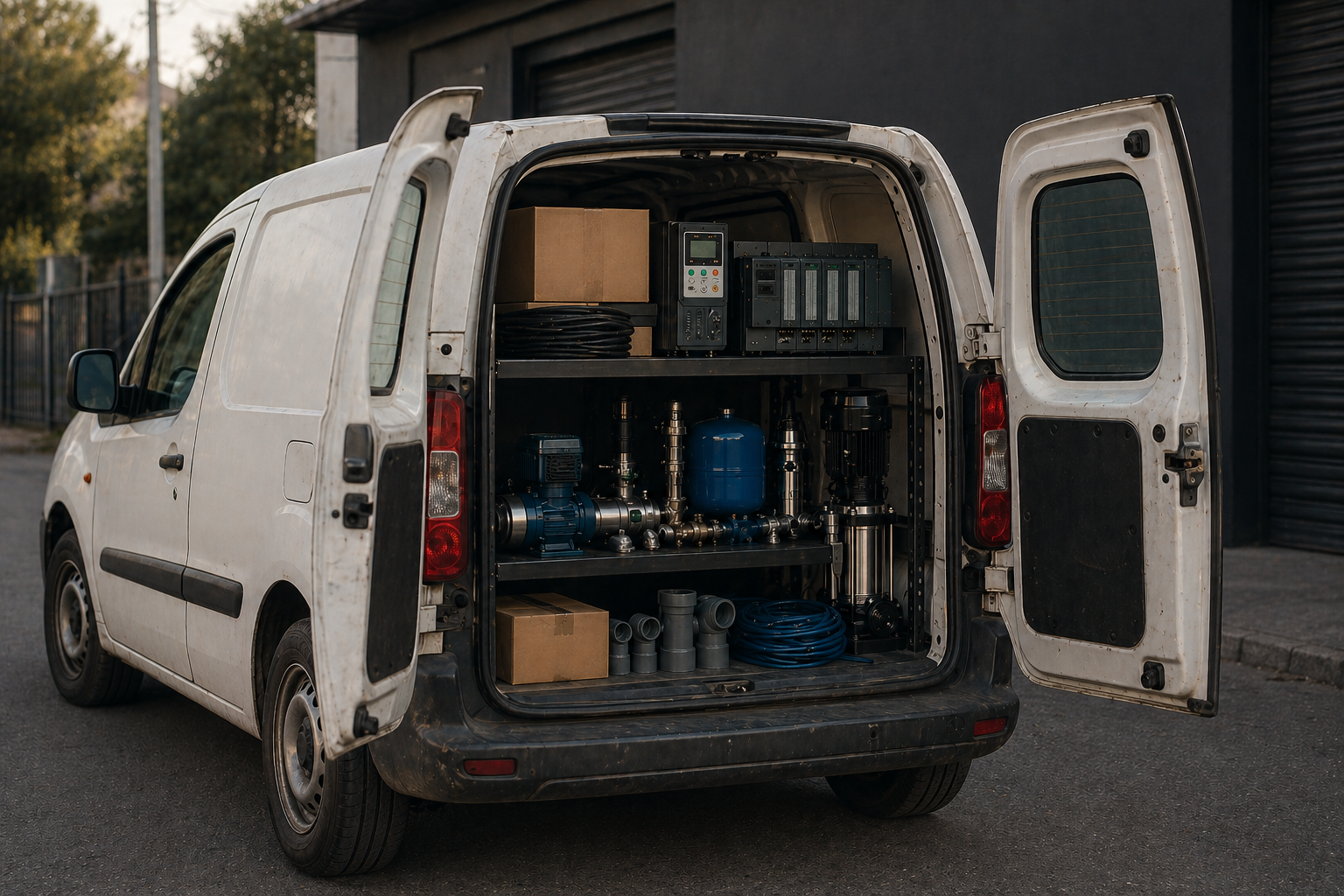 Pickup de Contacto Hidráulico cargada con equipo, tablero eléctrico y herramientas, lista para viajar al sitio del proyecto